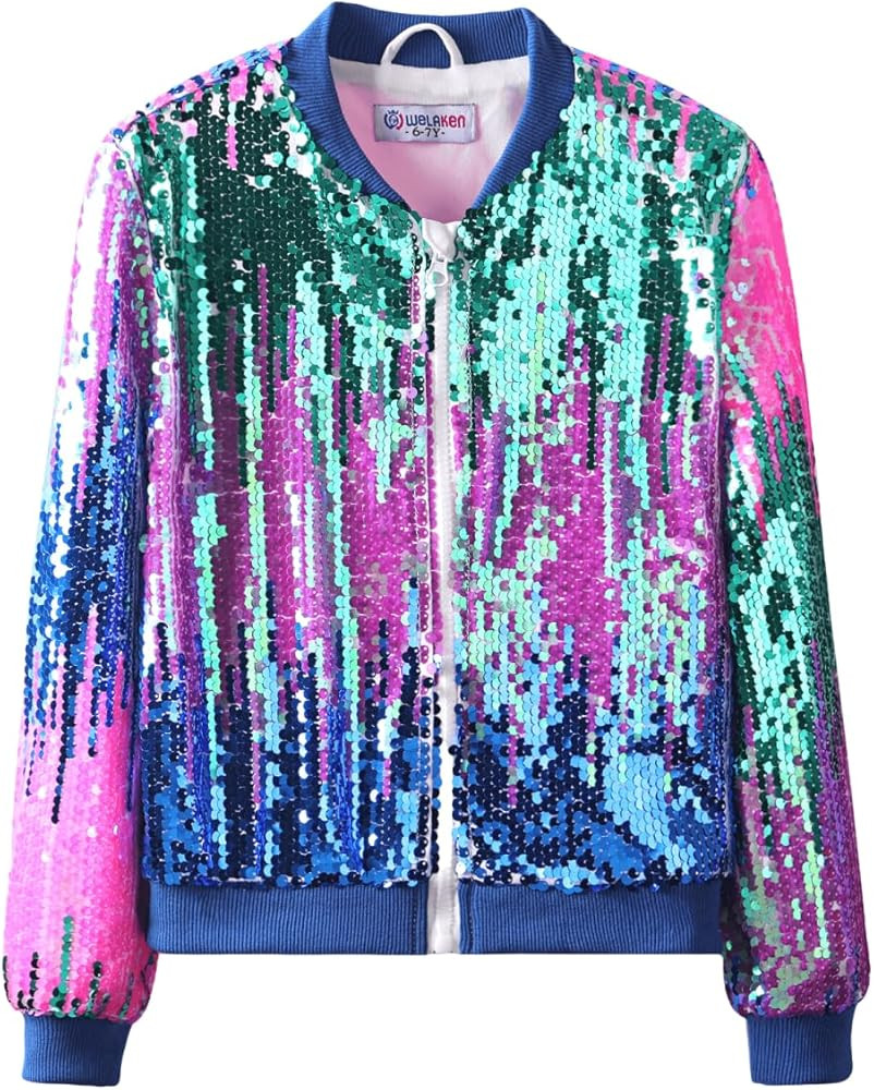 Girls' Ombre Sequin Bomber Jacket with Pockets Lightweight Sparkle Long Sleeve Zipper Gradient Ja... | Amazon (US)