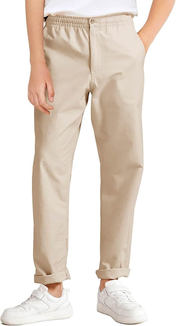 Haloumoning Boys School Uniform Chino Pants Kids Elastic Waist Pull on Twill Pants with Pockets 5... | Amazon (US)