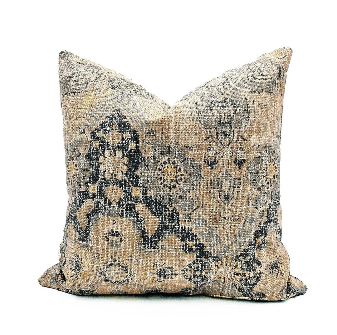 Throw Pillow | Taupe Beige Pillow | Chartreuse Navy Pillow | Floral Mosaic Pillow| Handmade Pillo... | Etsy (US)