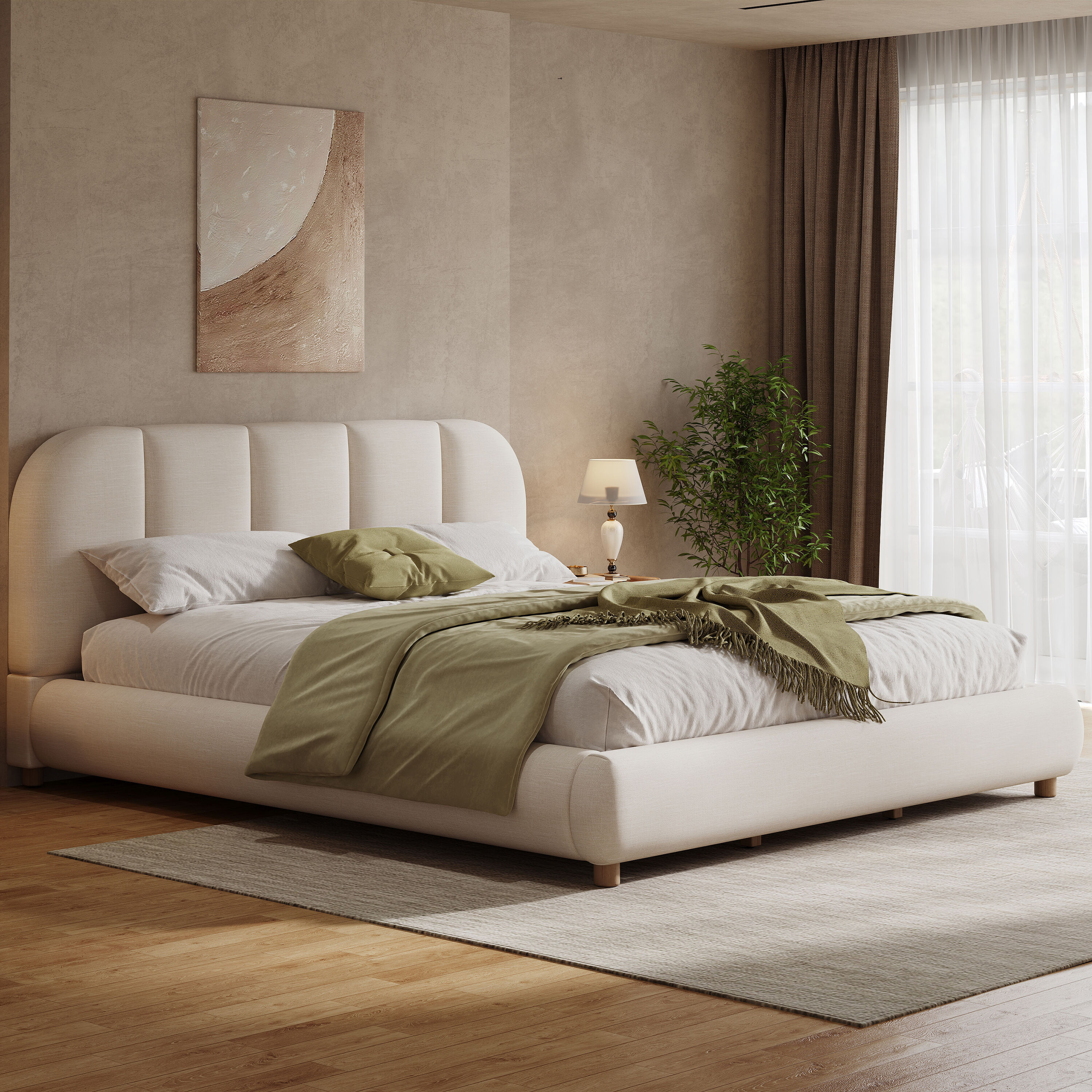 Christopher Knight Home Maeve King Size Upholstered Bed Frame with Linen Fabric Curved Thick Headboard and Wooden Legs in Beige one_size in White | Lowe's