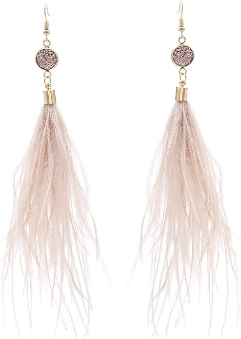 Long Feather Earrings for Women, Bohemian Elegant Delicate Faux Druzy Charms Dangle Earrings | Amazon (US)
