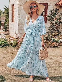 ANRABESS Women’s Summer Loose Kimono Maxi Dress Wrap V Neck 3/4 Sleeve Floral Print Slit Long D... | Amazon (US)