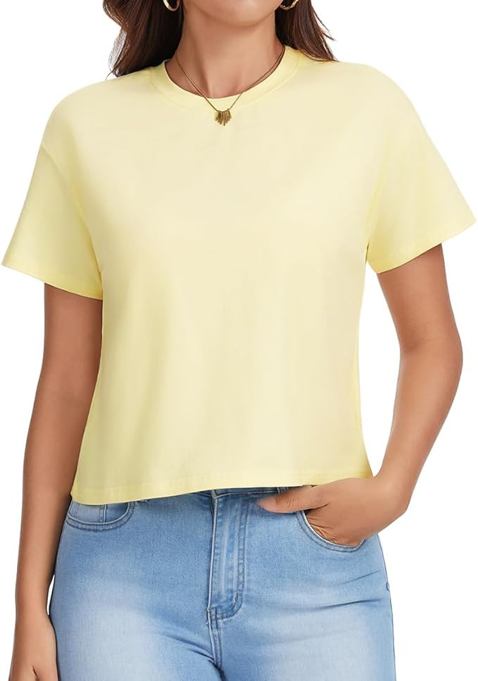 Women's Workout Cropped T Shirts Cotton Boxy Tops Crew Neck Short Sleeve Casual Loose Summer Crop... | Amazon (US)