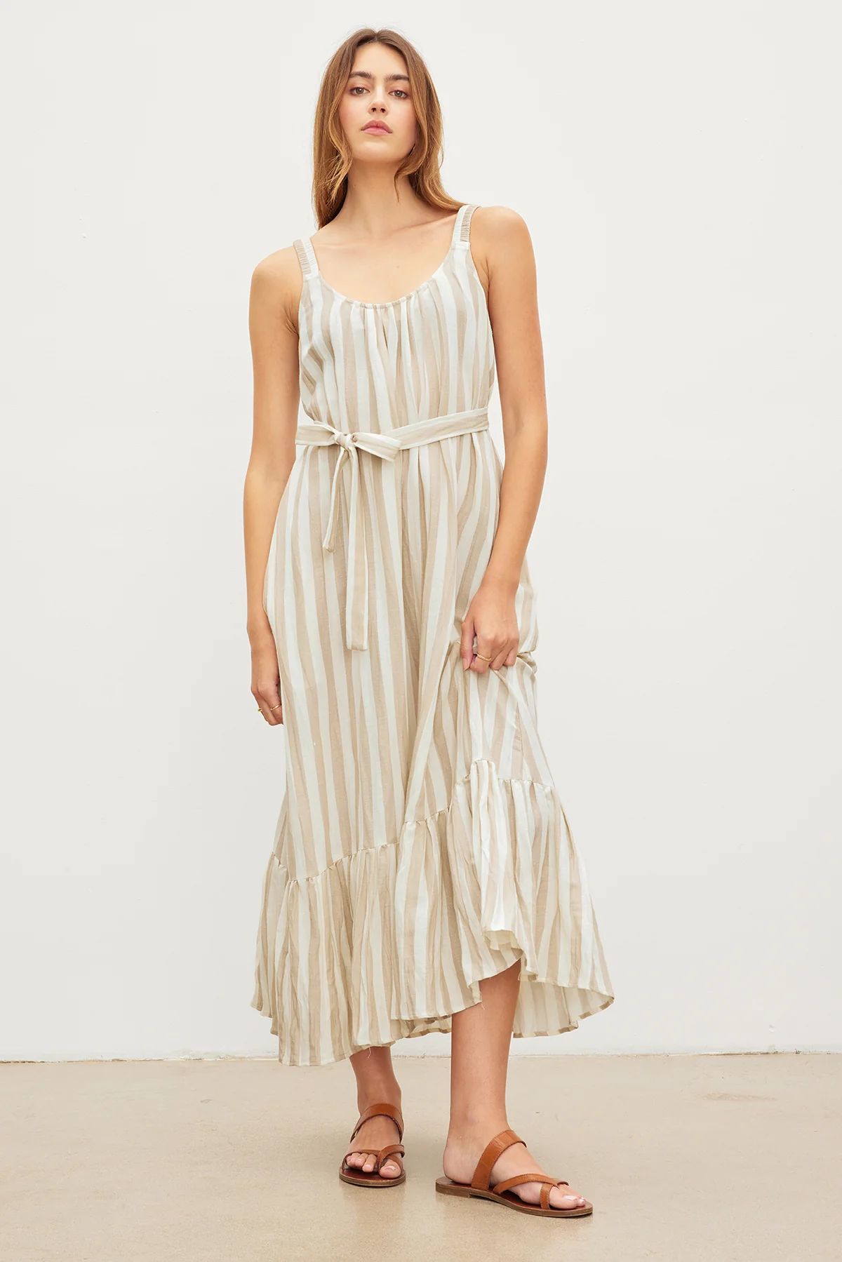 MERADITH STRIPED LINEN SCOOP NECK TANK MAXI DRESS | Velvet by Graham & Spencer