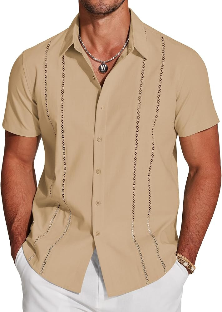 COOFANDY Men's Cuban Guayabera Shirt Short Sleeve Button Down Shirts Casual Summer Beach Linen Sh... | Amazon (US)