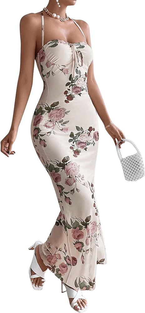SweatyRocks Women's Floral Print Backless Halter Cami Dress Tie Front Flare Hem Fitted Maxi Dress... | Amazon (US)