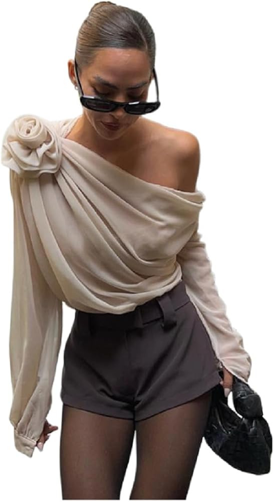 Women’s One Shoulder Asymmetrical Neck Floral Mesh Chiffon Crop Tops Blouse Fashion Long Sleeve... | Amazon (US)