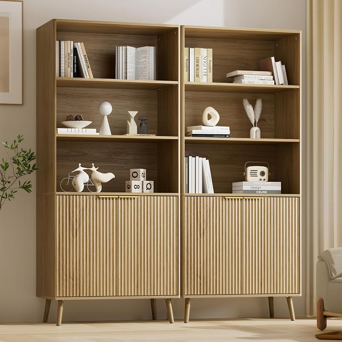 Oak Bookshelf, 70.9" Tall Book Shelf, 5-Tier Bookcase with Fluted Doors and Adjustable Shelves, W... | Amazon (US)