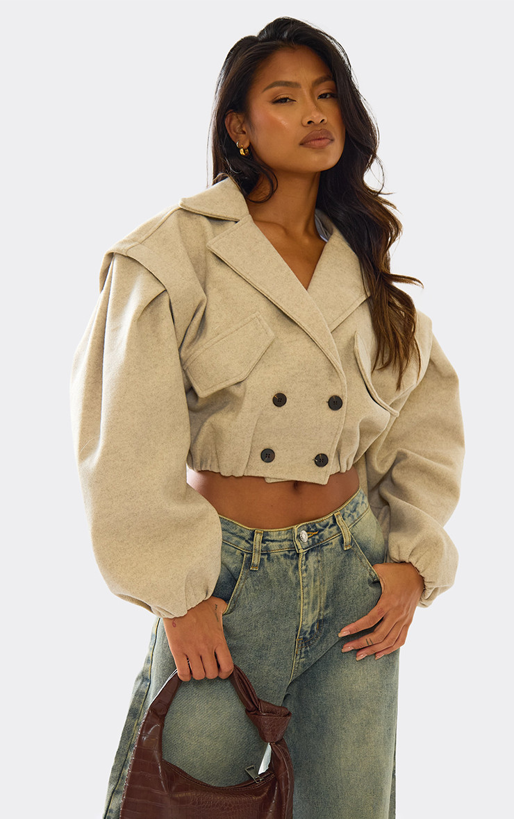 Long Sleeve Cinched Waist Cropped Wool Look Trench Jacket In Beige | EGO Shoes (US & Canada)