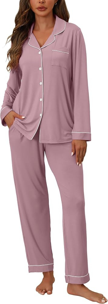 Womens Pajamas Sets 2 Piece Long Sleeve and Pant Pj Sets Button Up Sleepwear | Amazon (US)