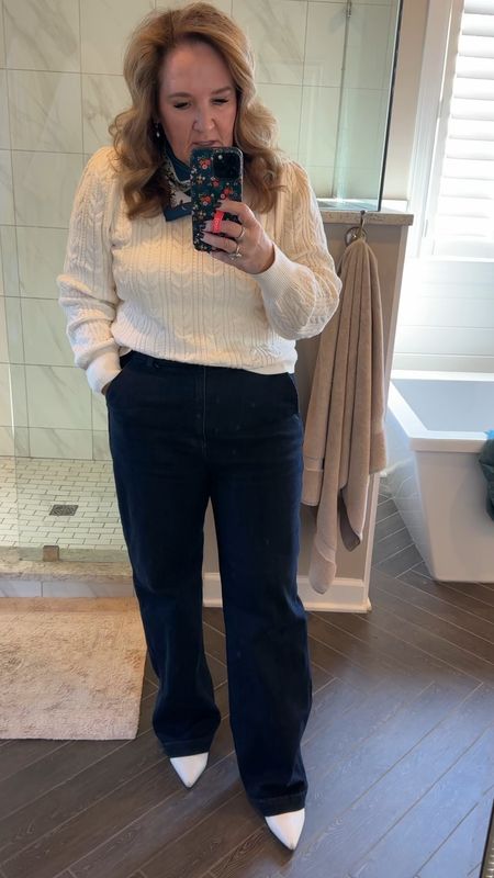 Outfit of the day! Love this cream sweater. So soft. Such a great fit. Wearing size L. Dark wash trouser jean a great heavier weight stretch denim. Size 31/12 
Winter outfit holiday outfit 

#LTKsalealert #LTKover40 #LTKfindsunder100
