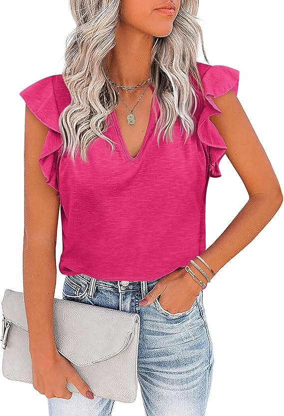 Zeagoo Women's Casual Ruffle Sleeve Summer Tops Sexy V Neck Tank Tops Shirts Short Sleeve Loose T... | Amazon (US)