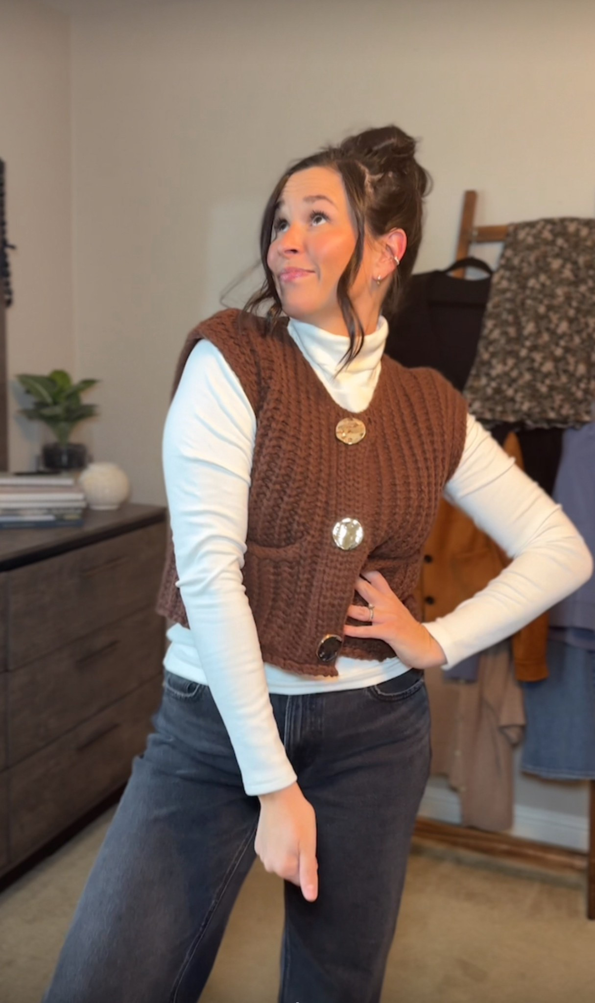 i’m in my brown sweater vest era and honestly? it’s doing a lot of the work for me.
pair it with a turtleneck, throw my hair up, add a little (a LOT) of blush so i look awake and boom. i’m the kind of put together mom you see at school pickup and wonder how she does it. she doesn’t, she just owns a cute vest. 💁🏻‍♀️ 


#LTKmomlife #LTKgrwm #LTKootd