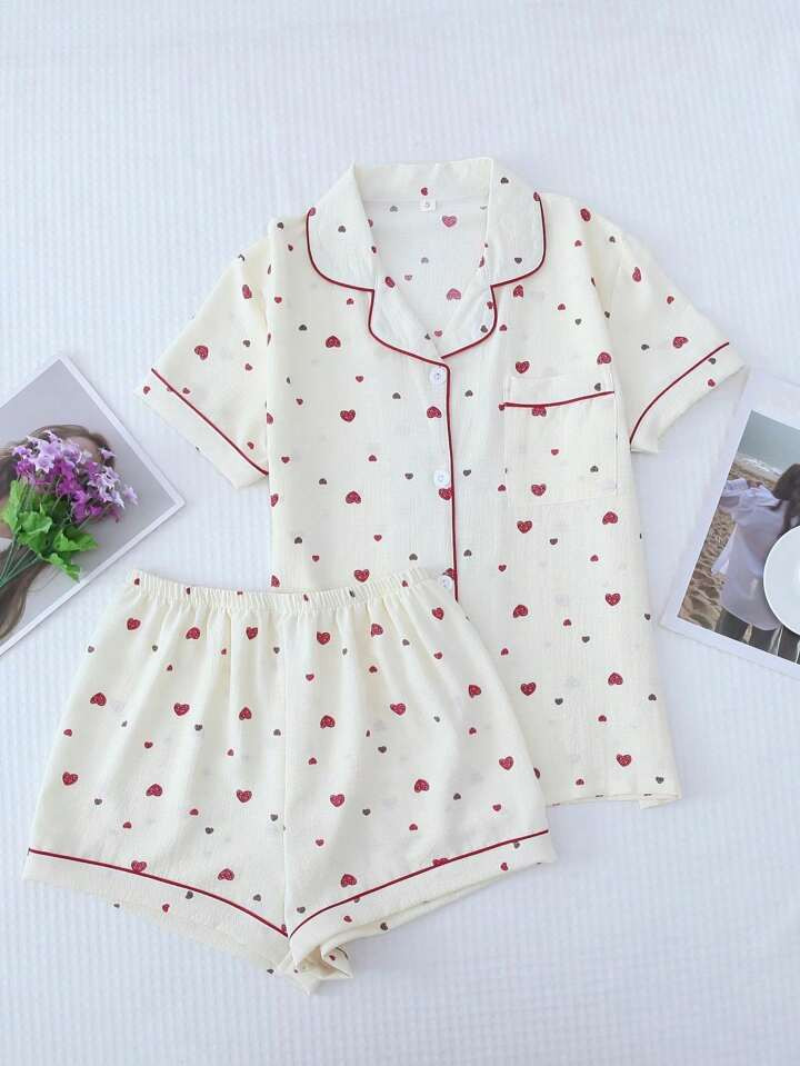 Cute Heart Shaped Printed Pajamas Set For Women, Including Button-up Top And Shorts, Suitable For... | SHEIN