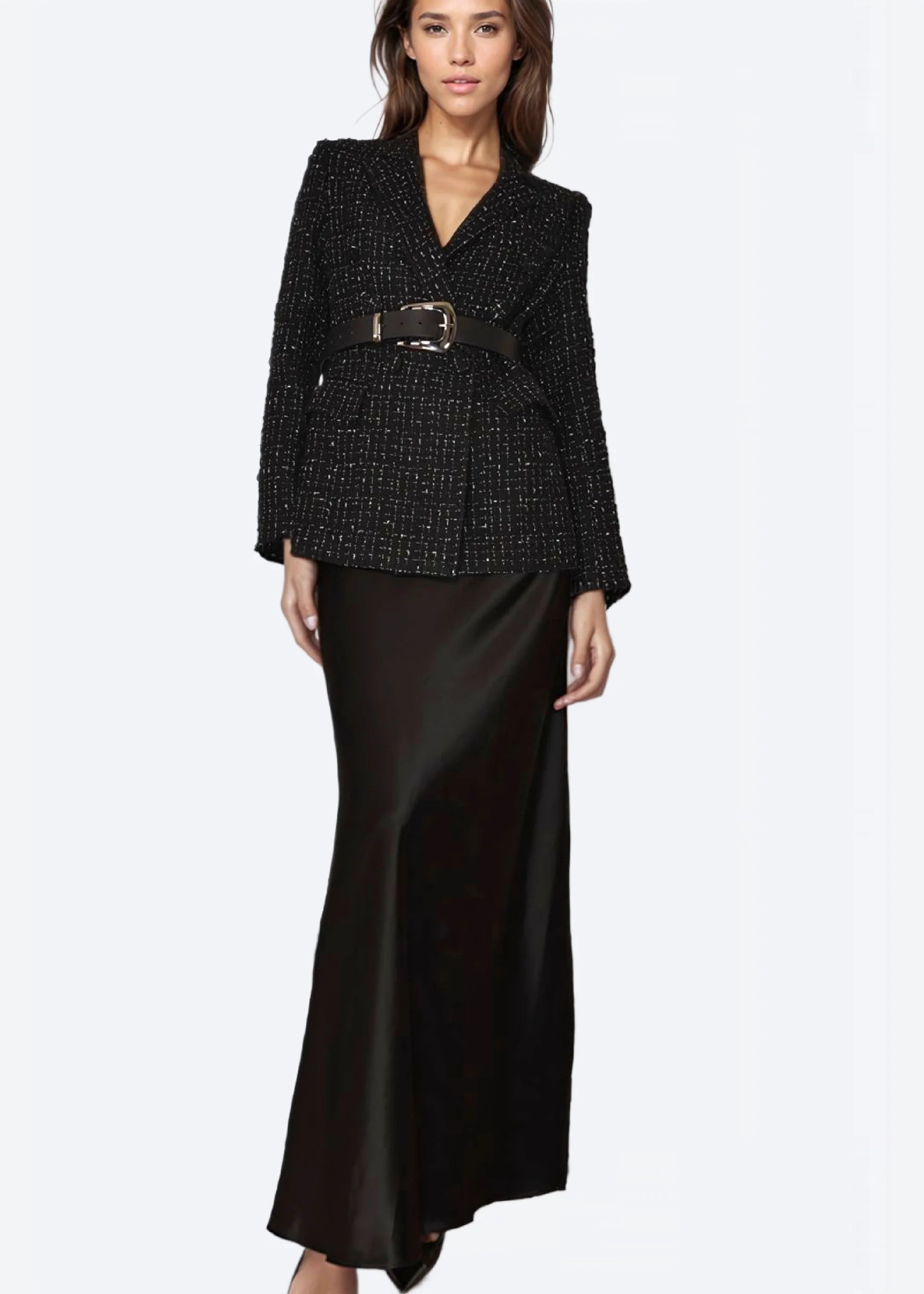 Serrano Sequin Tweed Cropped Jacket Black and Tan | CAMI NYC