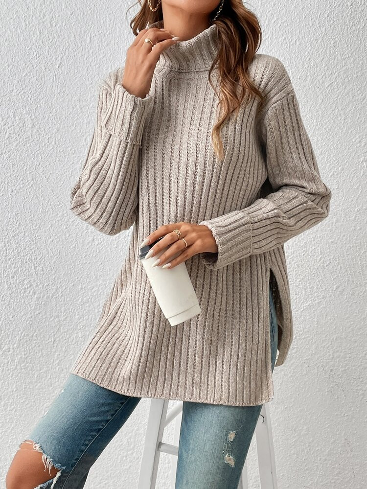 Turtleneck Split Hem Drop Shoulder Sweater | SHEIN