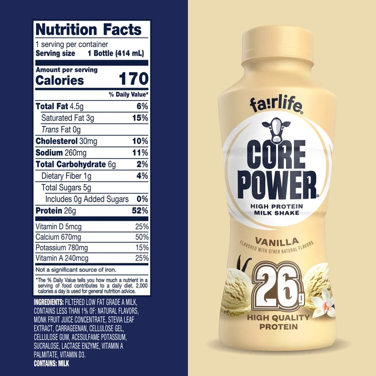 Core Power Protein Shake with 26g Protein by fairlife Milk, Vanilla, 14 fl oz | Walmart (US)