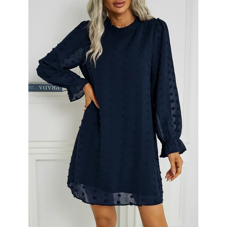 SWQZVT Women's Fall Dress Long Sleeve Swiss Dot Mini Dresses Loose Chiffon Casual Short Dress | Walmart (US)