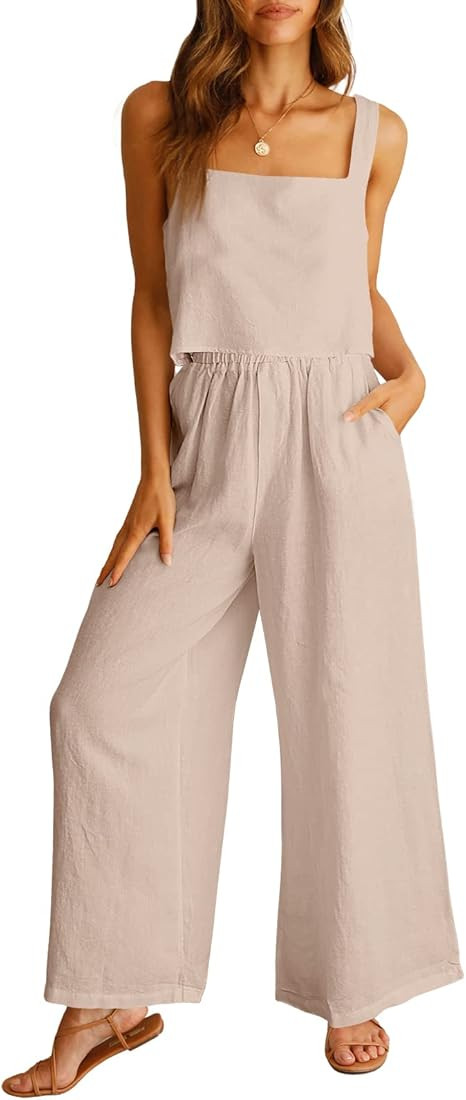 ANRABESS Women's 2 Piece Outfits Square Neck Linen Tank Crop Top Wide Leg Pants Matching Lounge S... | Amazon (US)