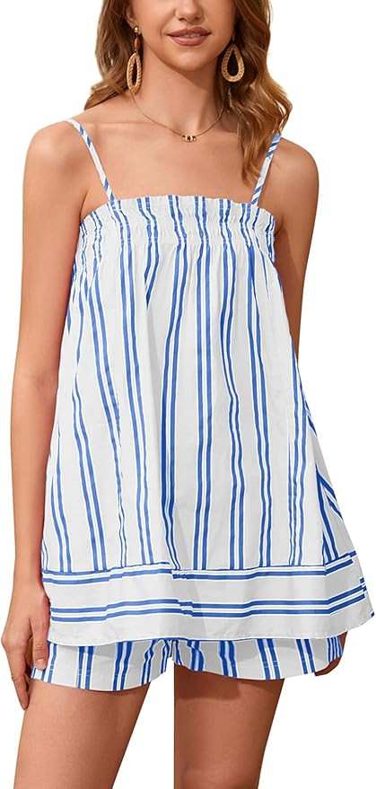 Women 2 Piece Lounge Set Striped Summer Pajama Set Sleeveless Peplum Cami Top and Wide Leg Shorts... | Amazon (US)