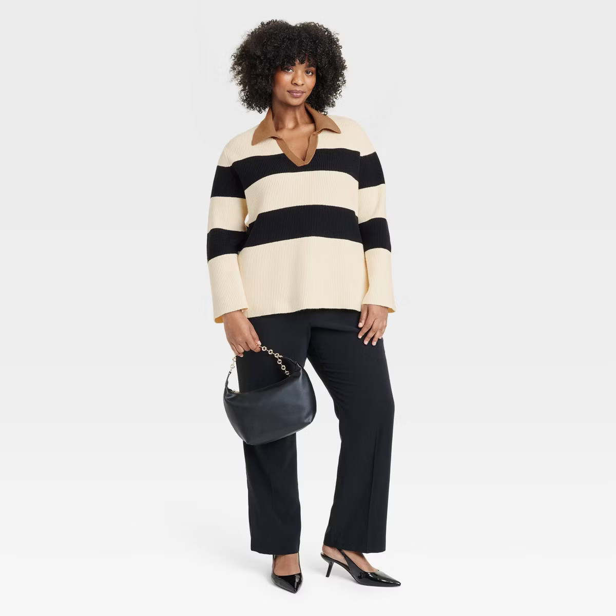 Women's Polo Pullover Sweater - A New Day™ Black Striped M | Target