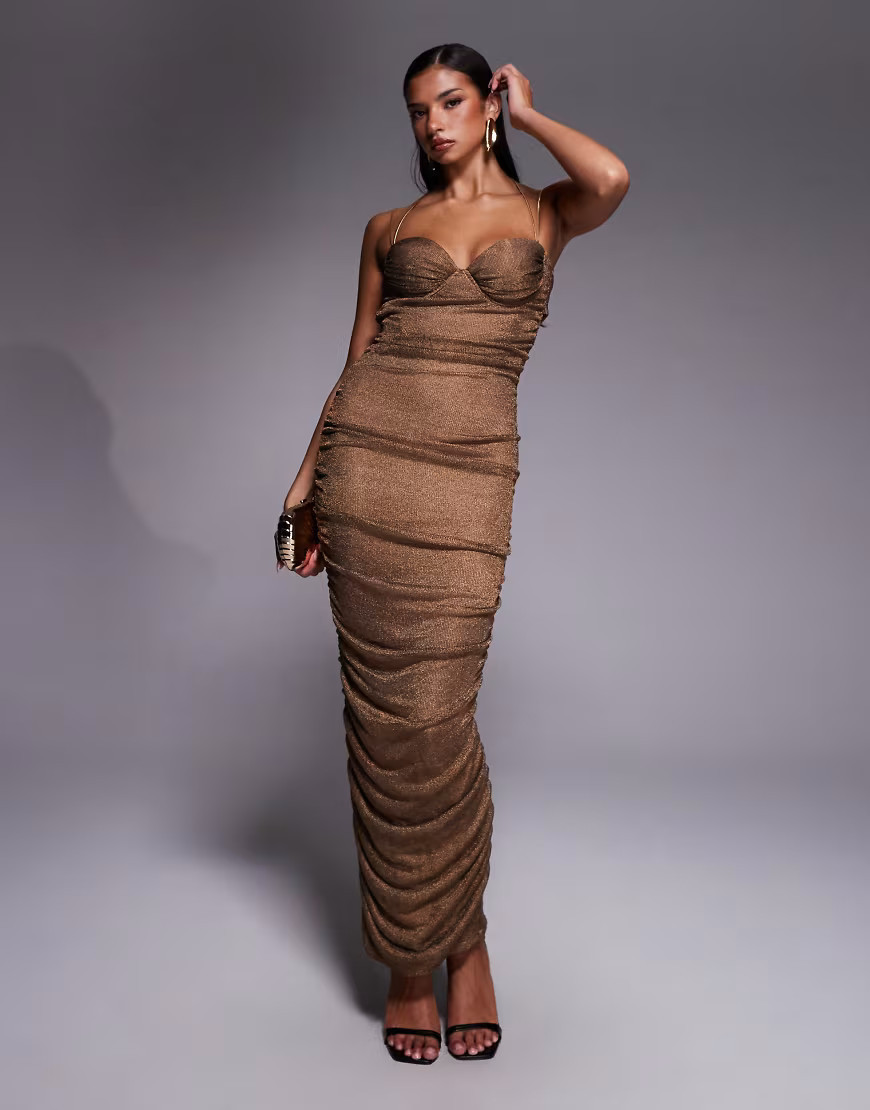 JLUXLABEL metallic bustier strappy open tie back maxi dress in bronze gold-Brown | ASOS (Global)