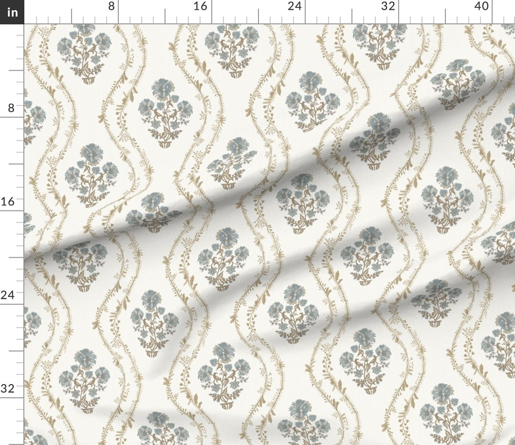 Fabric in Tina In Cream Background Blues And Brown | Spoonflower
