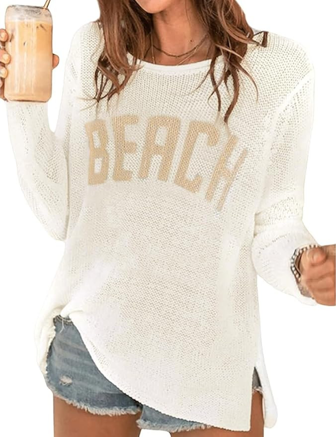 LOMON Beach Cover Up for Women Letter Print Long Sleeve Sweater Crochet Tops Shirts Casual Crewne... | Amazon (US)