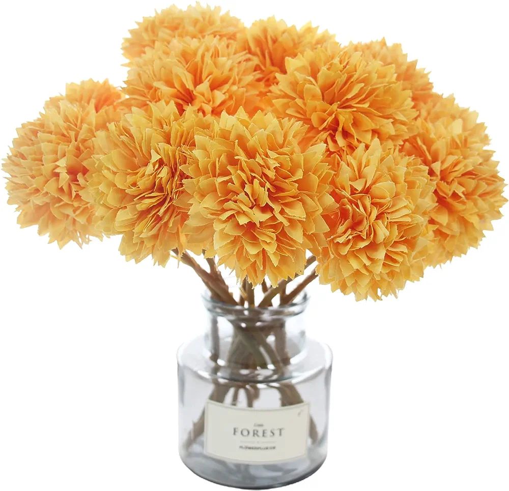 Tinsow 12 Pcs Artificial Ball Flowers Faux Yellow Ball Chrysanthemum Bouquet Flowers Bridal Weddi... | Amazon (US)