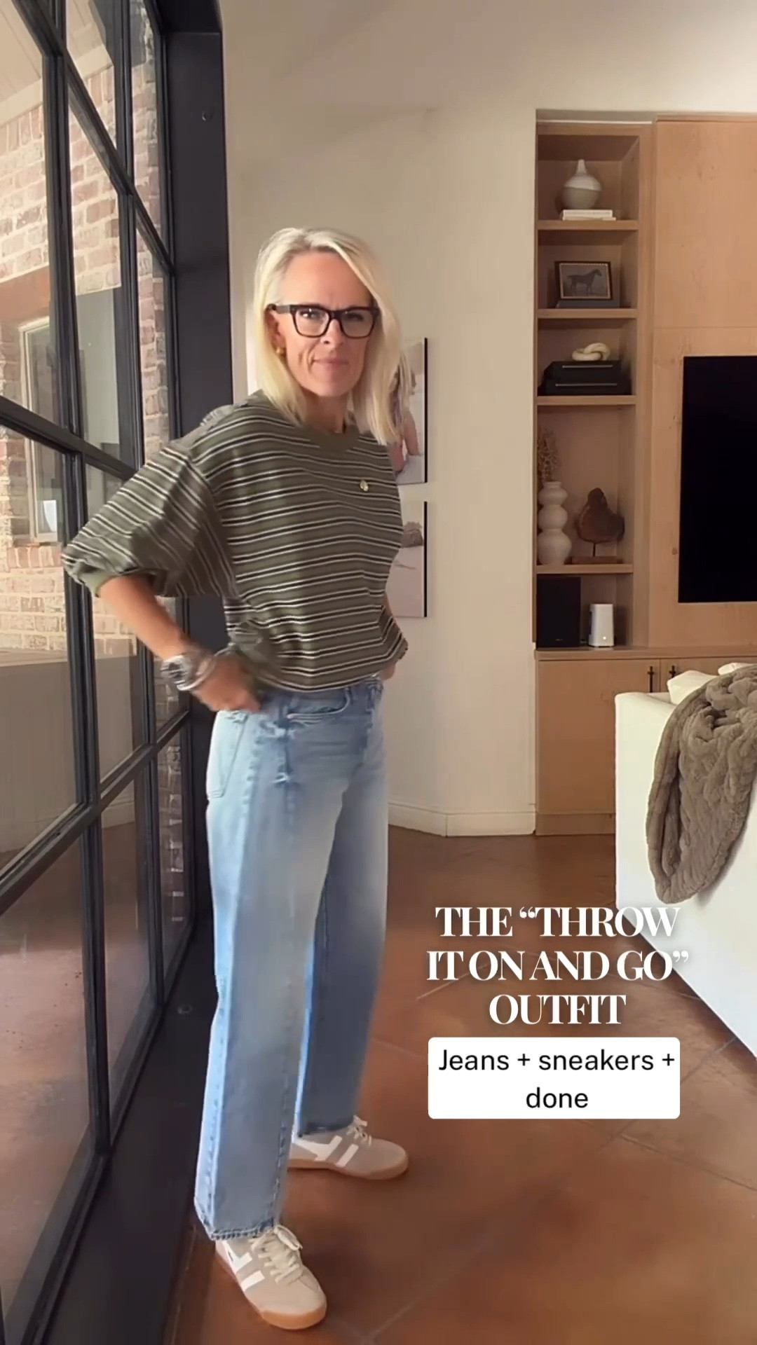 If your everyday uniform is jeans and a sweatshirt, this is such an easy way to make it feel a little more polished. I love the striped pattern and relaxed shape—it adds interest without needing much else, and sneakers keep the whole look comfortable and easy.

For cooler days, this would also be great layered under a jacket or paired with a different style of denim.

#LTKootd #LTKgrwm #LTKOver40