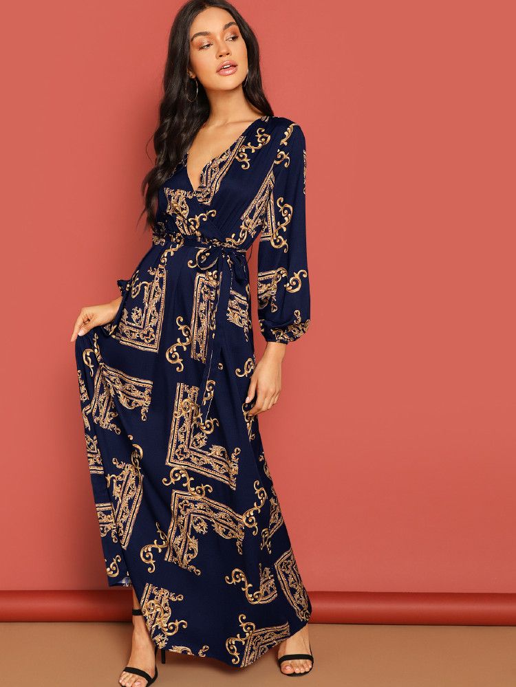 SHEIN Baroque Print Belted Wrap Maxi Dress | SHEIN
