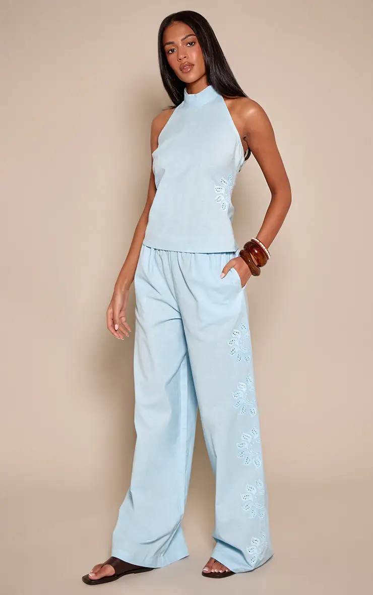 Blue Cotton Sun Embroidered Detail Trousers Co-ord | PrettyLittleThing USA | PrettyLittleThing US