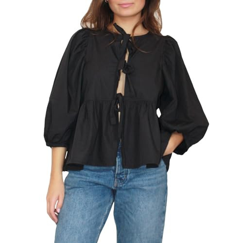 Yuemengxuan Women Y2k Puff Sleeve Peplum Shirt Tie Front Ruffle Babydoll Blouse Teen Girls Lace up Cute Summer Tee Shirt (Black, M) | Amazon (US)