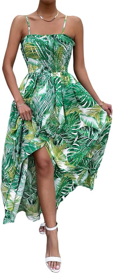 Floerns Women's Tropical Print Spaghetti Strap Split Thigh Cami Maxi Dress | Amazon (US)