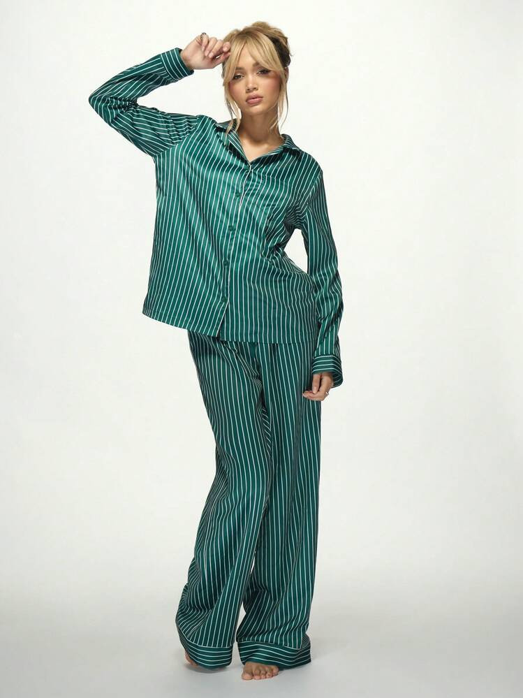 MISSGUIDED Set Di Pigiami In Raso A Righe Di Lusso, Maniche Lunghe Con Bottoni, Abbigliamento Comodo Perfetto Per Le Celebrazioni Di San Patrizio, Abbigliamento Da Festa A Tema Irlandese | SHEIN