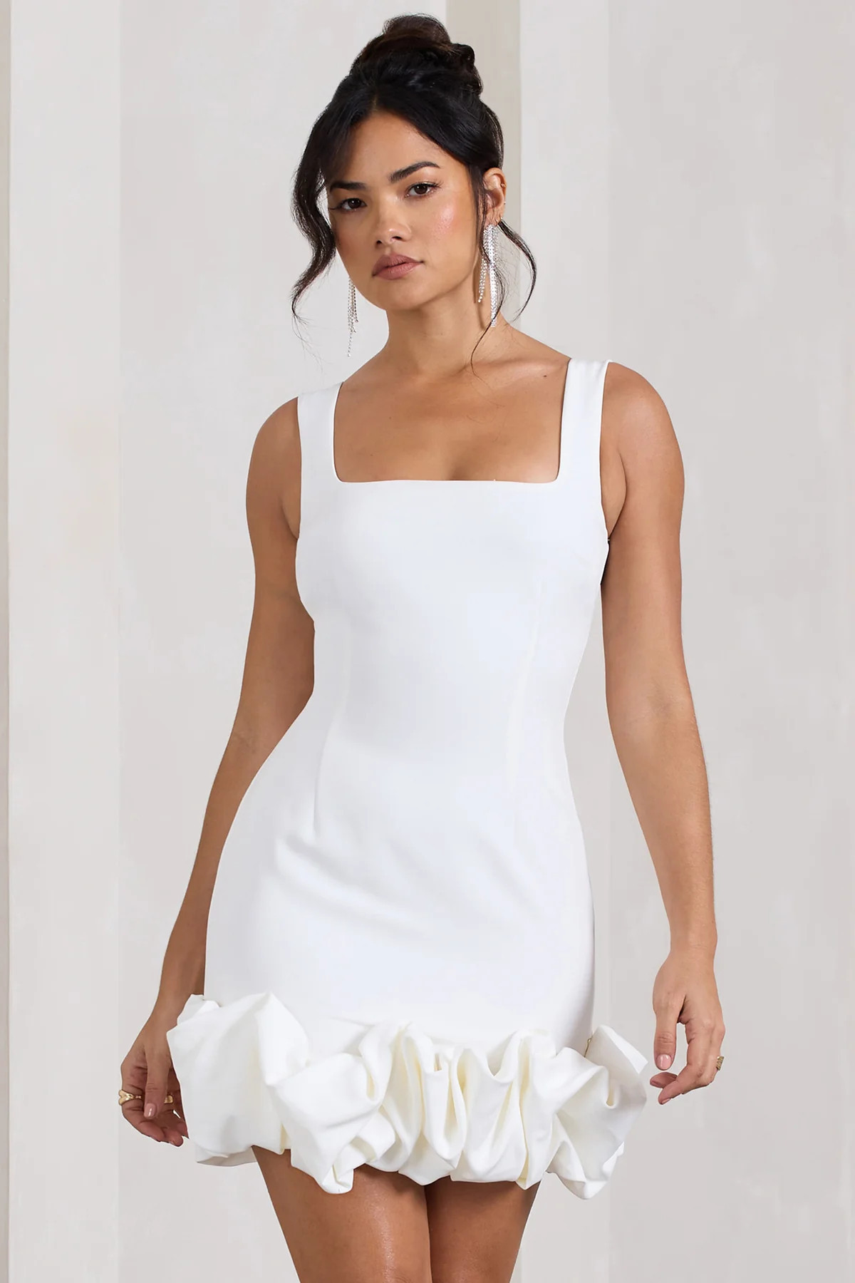 Lucy | White Strappy Mini Dress With Ruffle Trim | Club L London