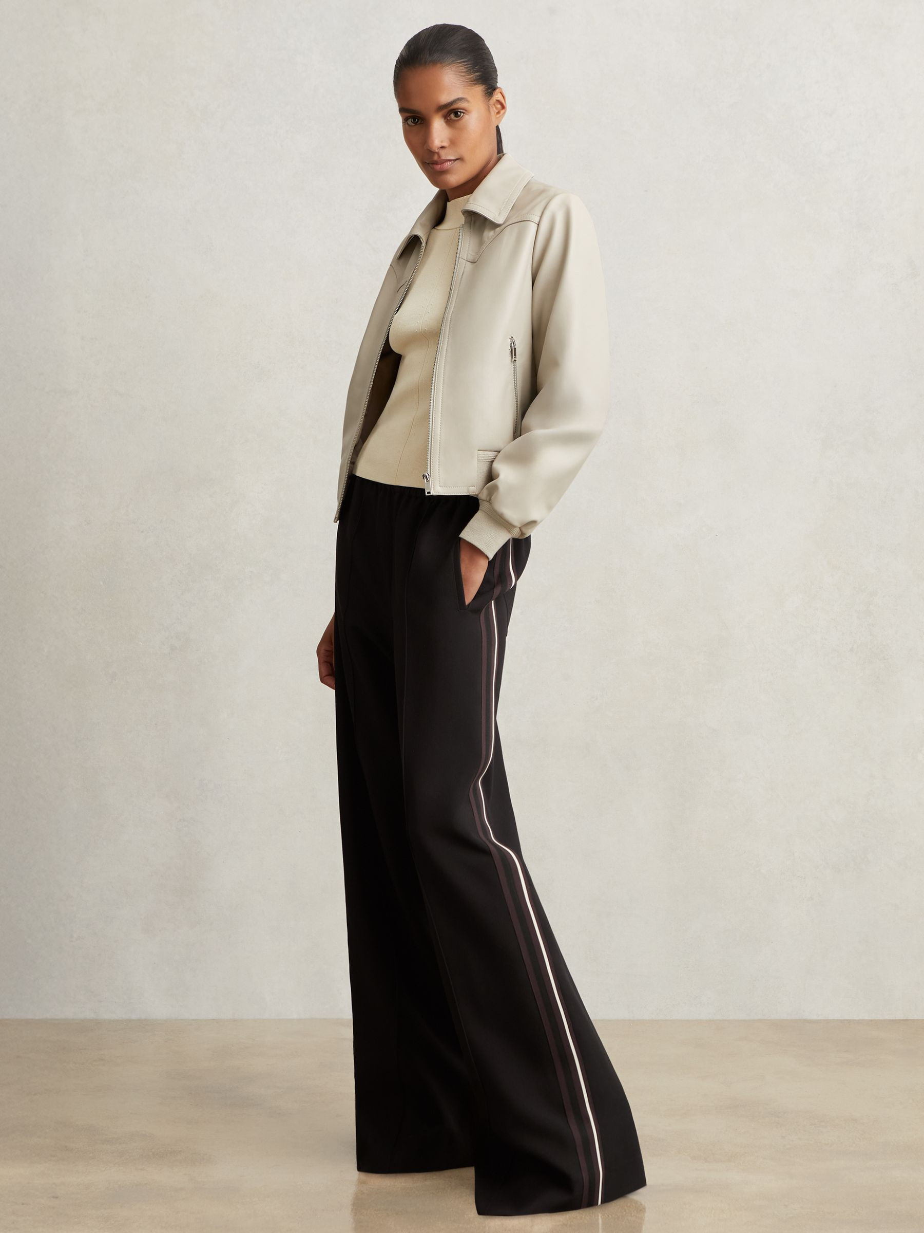 Reiss Petite Side-Stripe Wide-Leg Trousers in Black | REISS | Reiss US