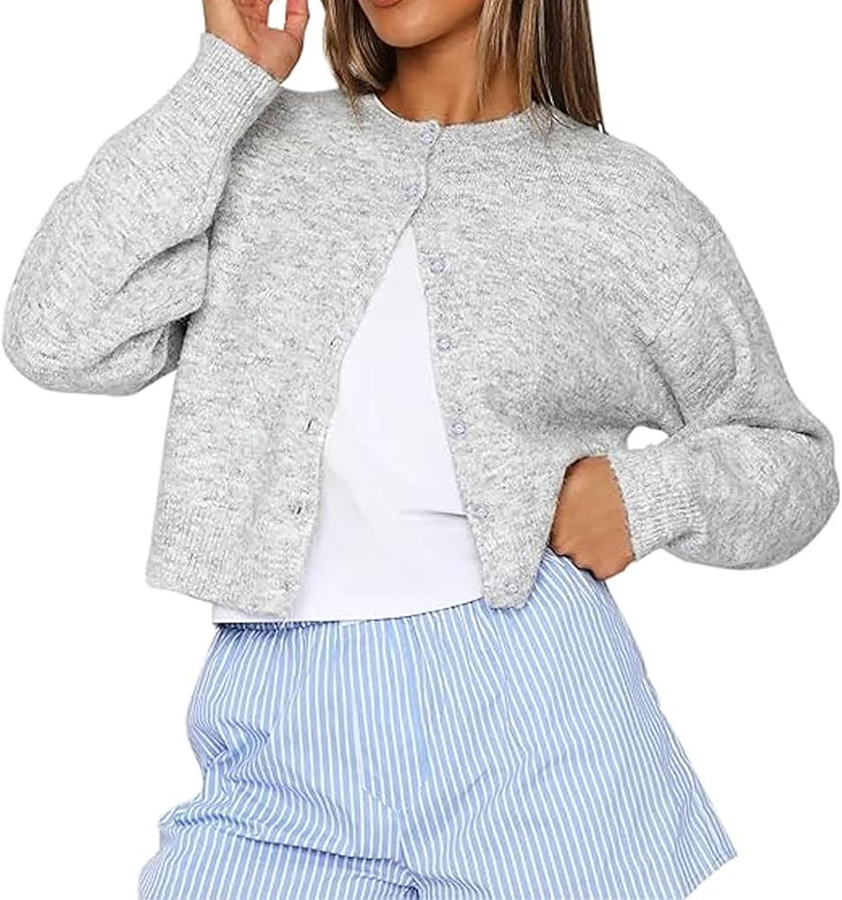 Womens Y2K Cardigan Sweaters Long Sleeve Open Front Button Down Crop Sweater Solid Knit Pullover ... | Amazon (US)