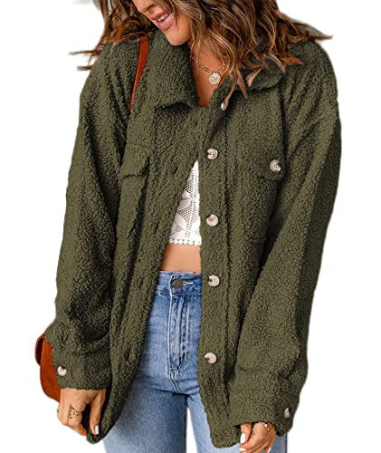 CURBODO Women Sherpa Fleece Jacket Coat Casual Fuzzy Teddy Shacket Warm Button Down Outwear with Pockets Army Green M | Amazon (US)