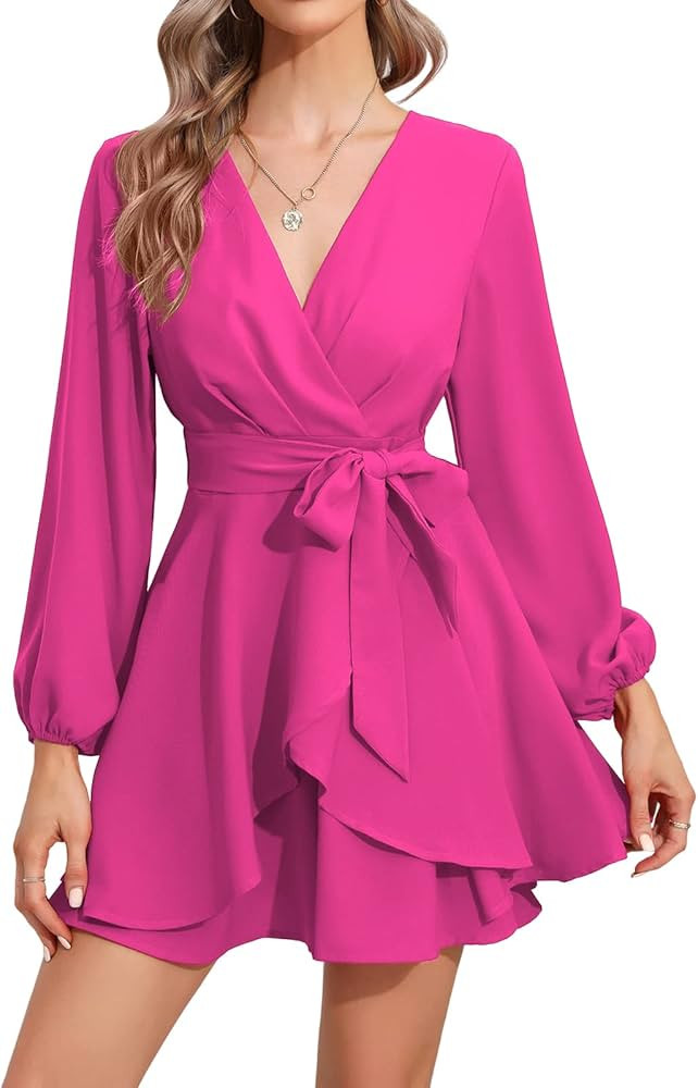 EXLURA Women's Dressy Jumpsuit V Neck Waist Belt Long Puff Sleeve Ruffle Flowy Wrap Jumpsuits Club P | Amazon (US)