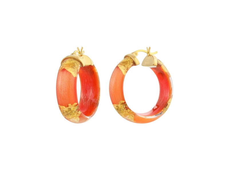 14K Yellow Gold Over Sterling Silver Mini Gold Leaf Acrylic Hoops in Orange | JTV Jewelry
