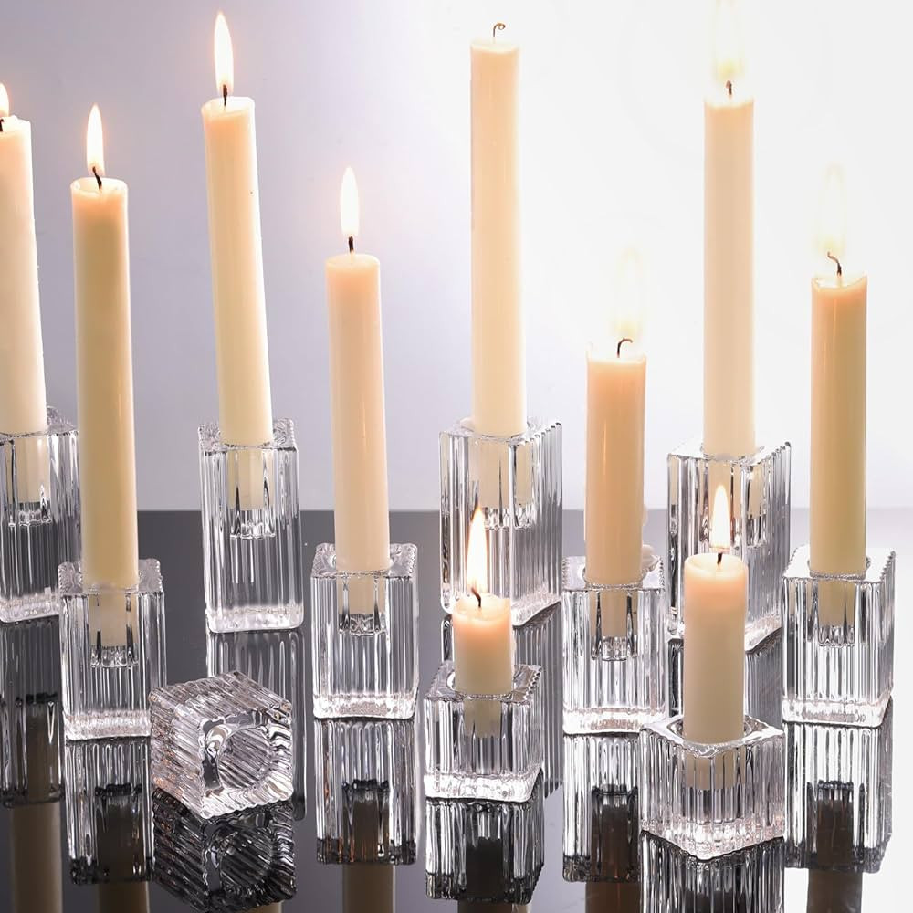 LETINE 12pcs Vertical Stripe Glass Candlestick Holders - Chic Taper Candle Sticks Holder Set for ... | Amazon (US)