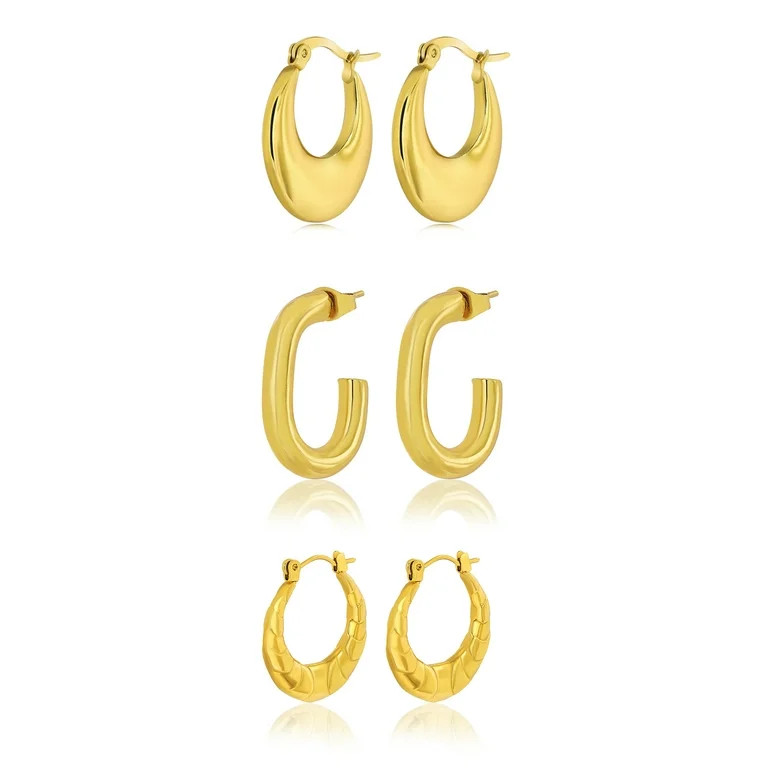 JeenMata 3 Pairs Fashion MultiPack Earrings Set for Women in Yellow Gold Plating, Hoop Earrings, ... | Walmart (US)