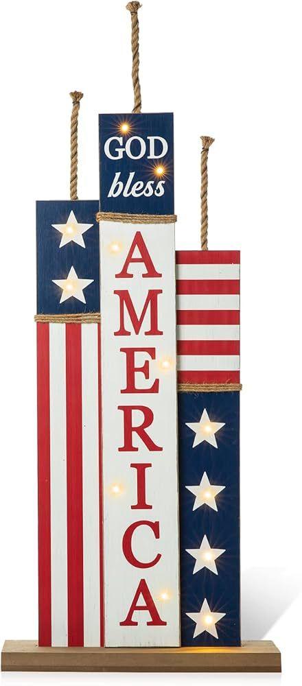 Glitzhome 36.25"H Lighted Patriotic Firecracker Porch Decor, Wooden God Bless America Sign for Fr... | Amazon (US)