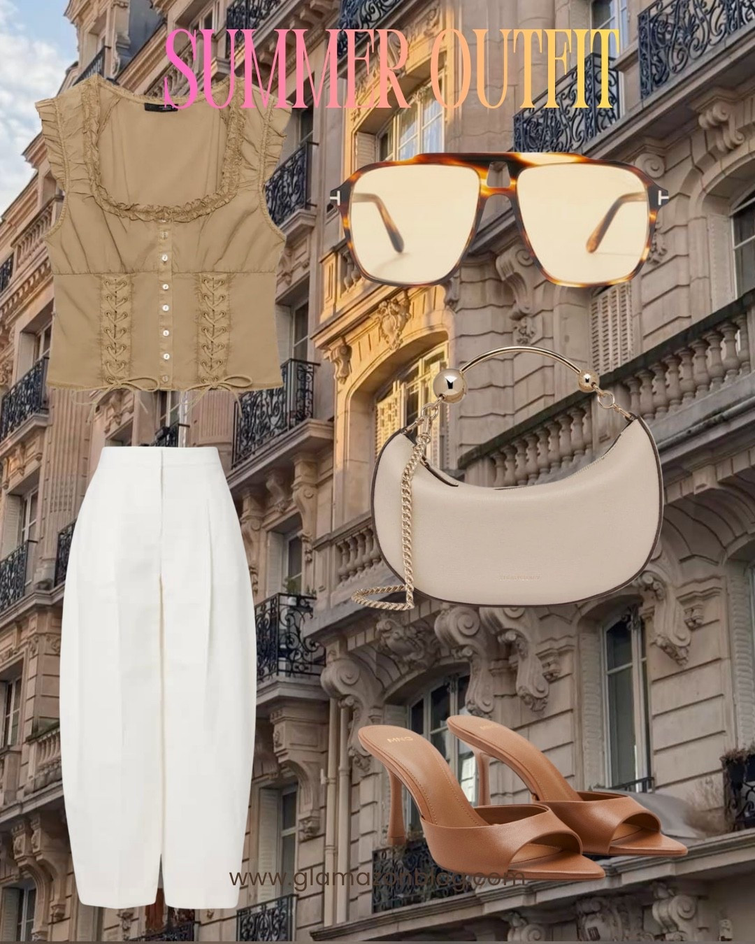 Strathberry bag, Tom Ford sunglasses, Zara top, corset top, mules, tan heels, white trousers, Mytheresa, holiday outfit, summer outfit 

#LTKsummer #LTKspring #LTKdatenight