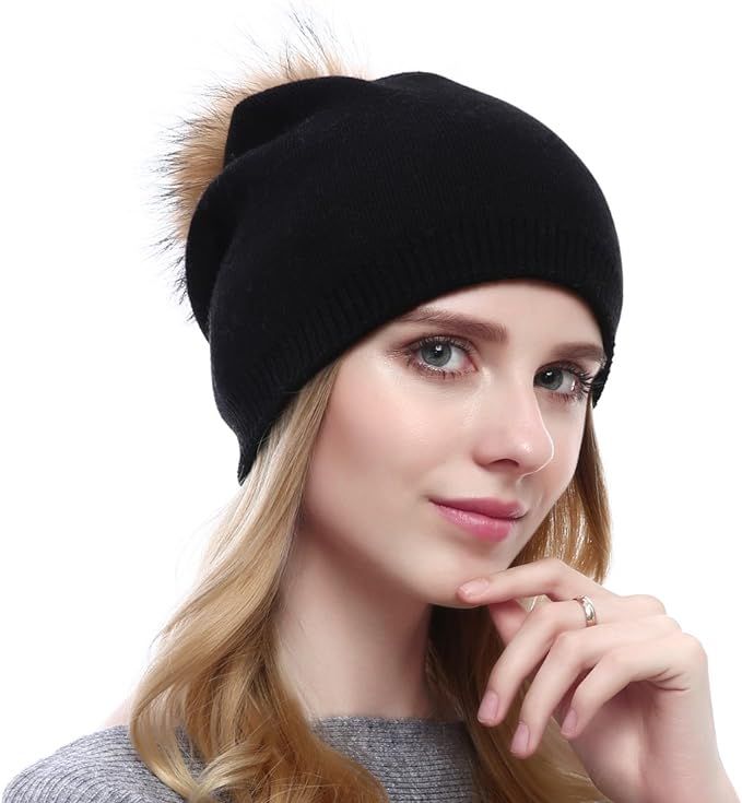 Women Knit Wool Beanie - Winter Solid Cashmere Ski Hats Real Raccoon Fur Pom Pom | Amazon (US)