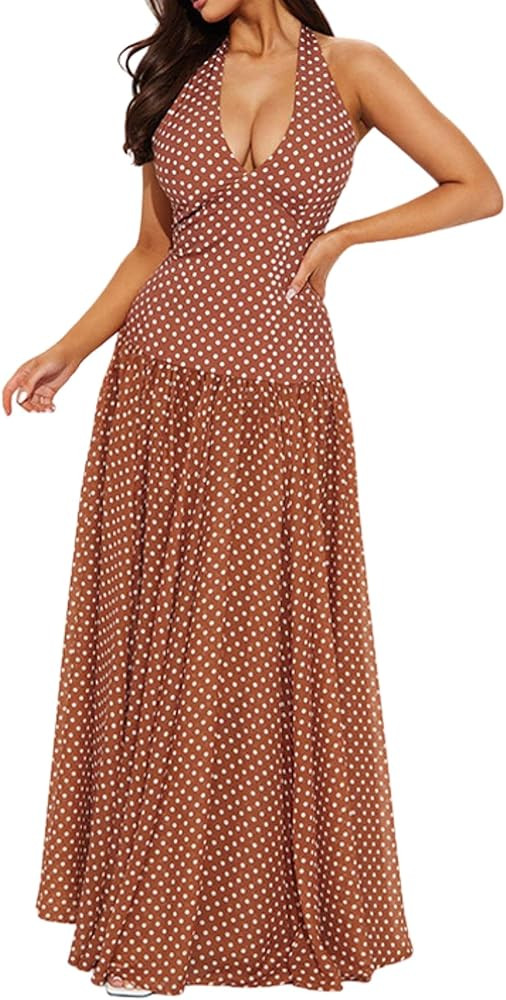 BAIMORE Women's Retro Elegant Summer Polka Dot Deep V Neck Backless Halter Waist Flowing Long Dre... | Amazon (US)