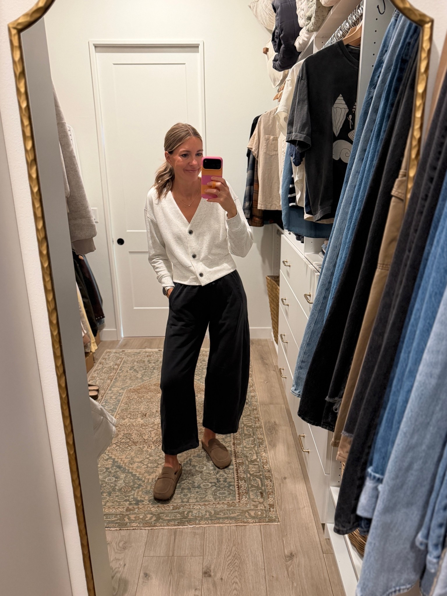 These barrel sweatpants have restocked in some sizes! So comfy and I love the fit. My cardigan sweater is a sweatshirt material and over $50 off. Wearing a S in both!
