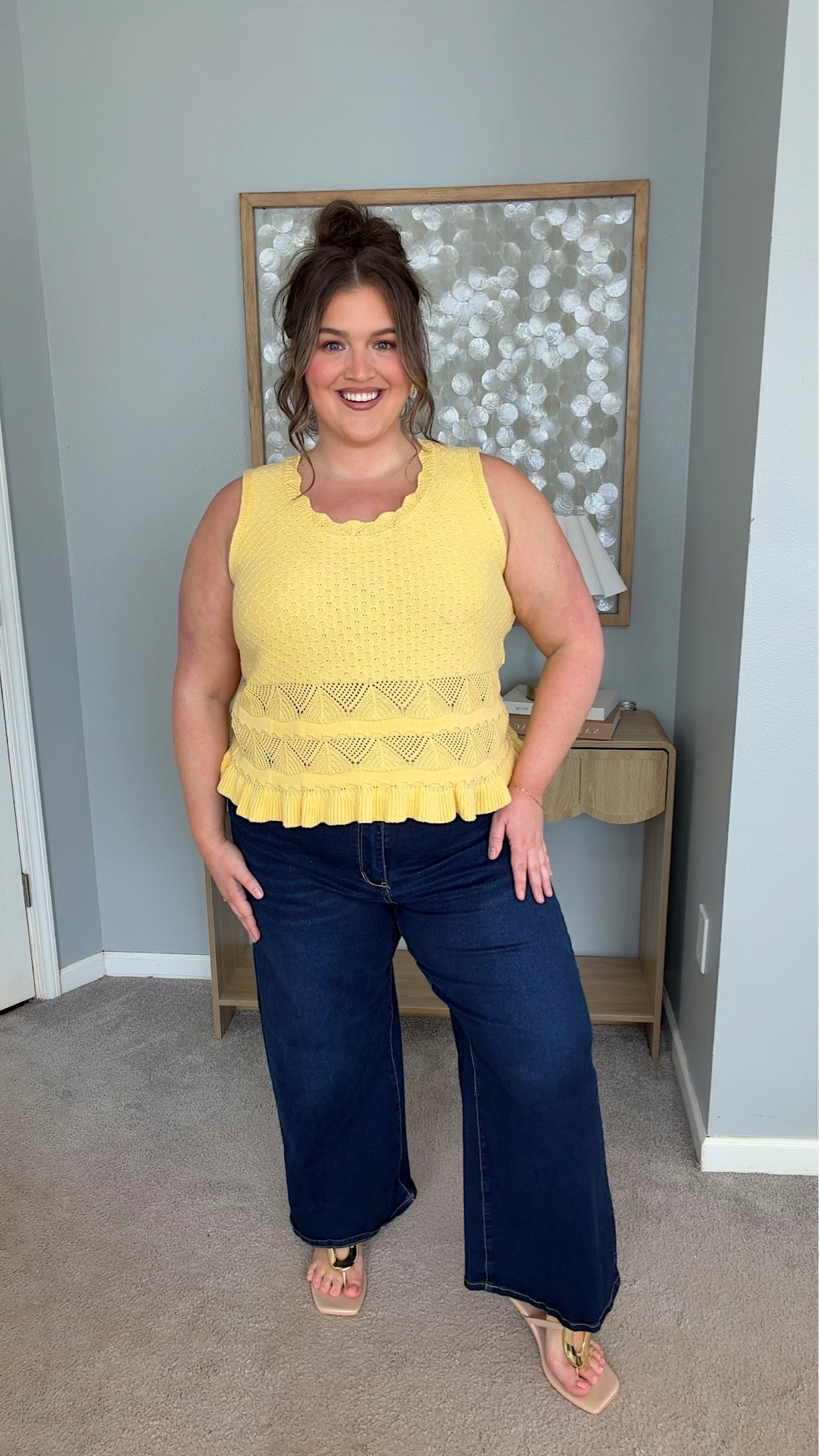 Amazon plus size casual everyday outfit for Spring + Summer ☀️ Yellow crochet tank top, dark wash crop jeans and sandals. Size XXL/18

#LTKgrwm #LTKootd #LTKPlusSize