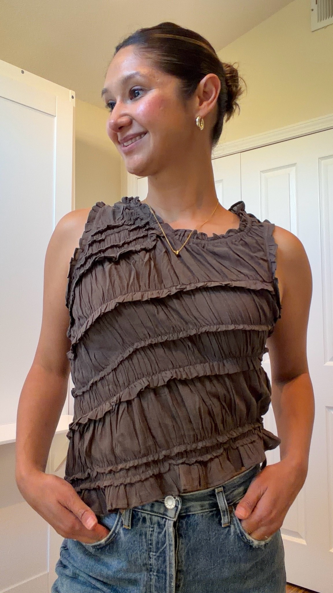 This top is giving designer vibes without the designer price tag. 🤎

I love the asymmetrical hem, ruched detailing, and rich brown color. It’s form-fitting with plenty of stretch and feels so flattering on.

✨ Wearing my normal size Small
✨ True to size
✨ Great length
✨ Perfect for date night, brunch, or everyday wear

Styled here with my favorite AGOLDE jeans and leather sandals.

#LTKootd